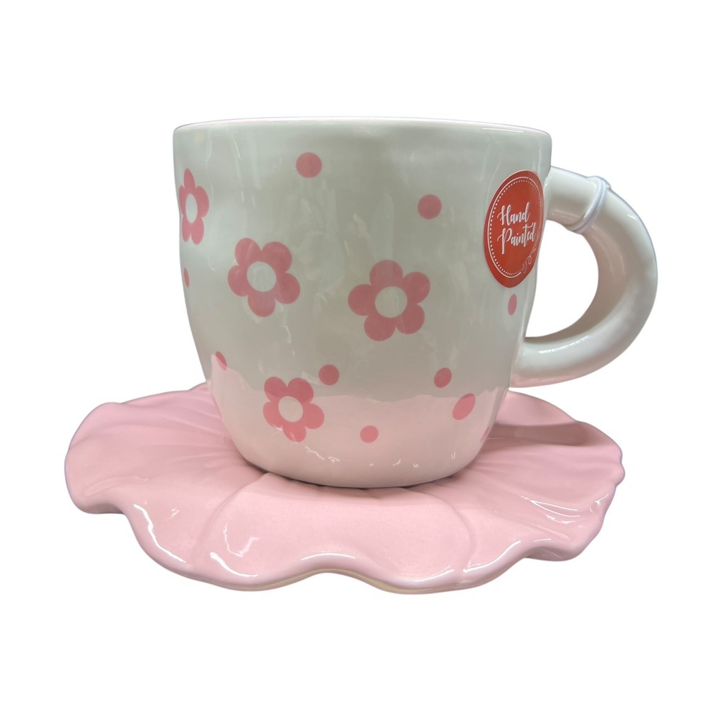 Pink & White Daisy Polka-Dots Coffee Mug Tea‎ & Flower Plate Set New